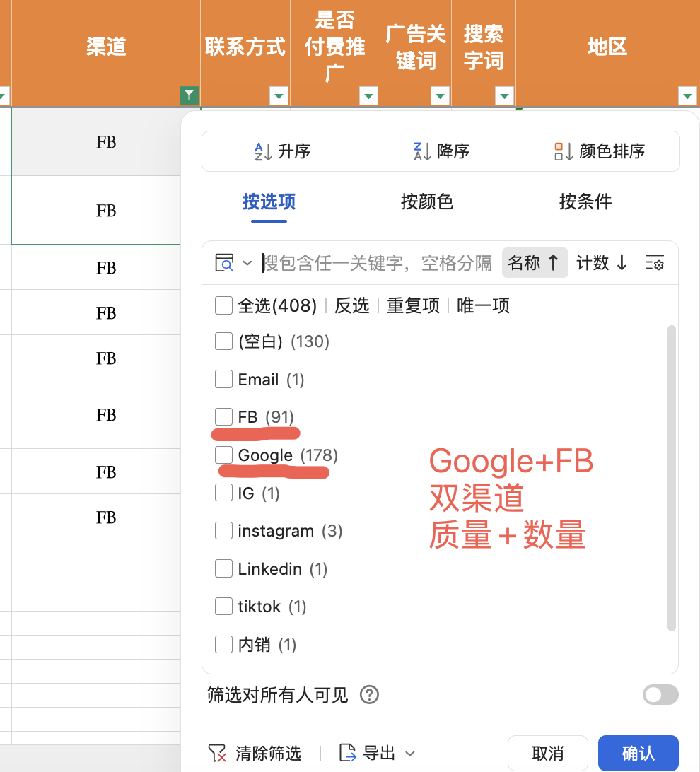 永盛项目询盘来源筛选截图